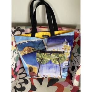 Tote with Art Deco Postcard Theme Lancome One side has images of French Riviera